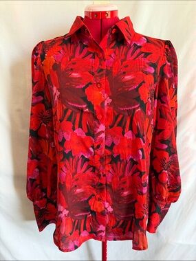 Red Floral Button-Front Blouse - Women's Shirt